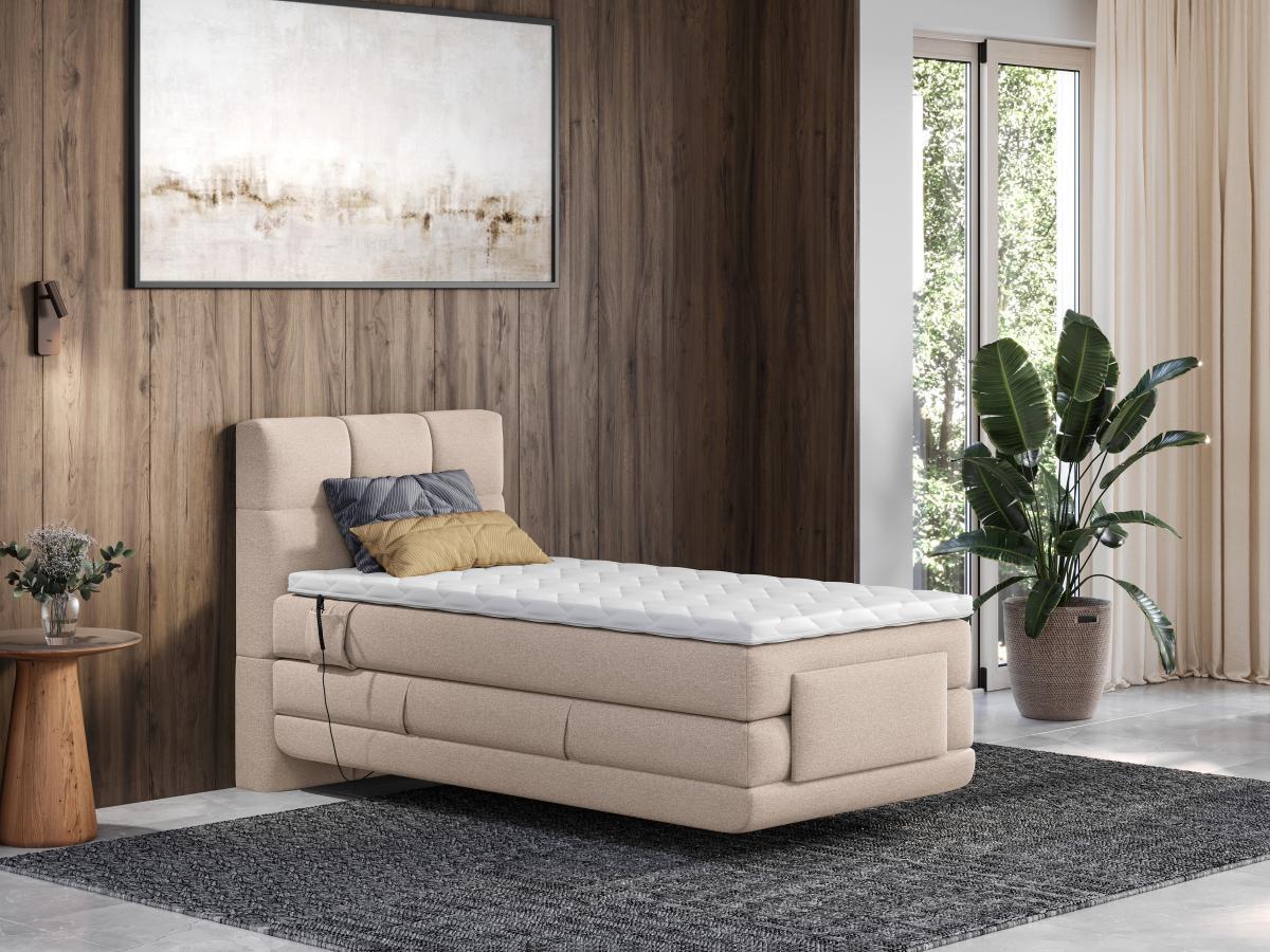 Vente-unique Boxspringbett mit gestepptem Kopfteil + elektrischem Untergestell mit Relaxfunktion + Matratze + Topper - 100 x 200 cm - Stoff - Beige - LODI von PALACIO  