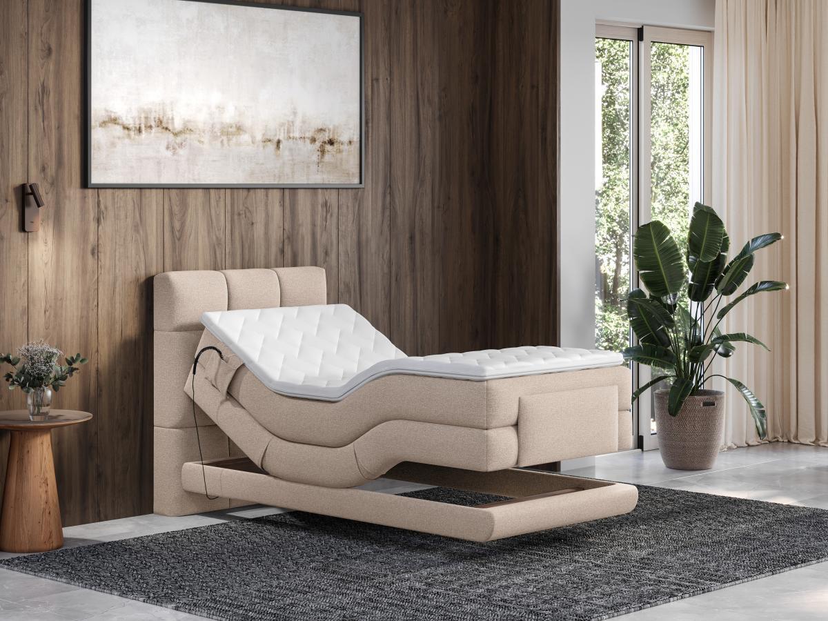 Vente-unique Boxspringbett mit gestepptem Kopfteil + elektrischem Untergestell mit Relaxfunktion + Matratze + Topper - 100 x 200 cm - Stoff - Beige - LODI von PALACIO  