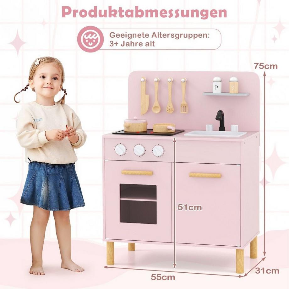 B2X  Cuisine pour enfants en bois avec 10 accessoires, cuisine de jeu avec lumière et son, cuisine jouet rose 