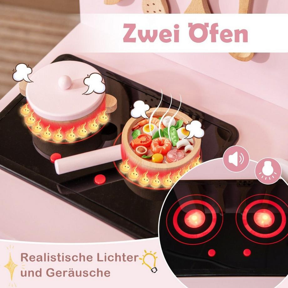 B2X  Cuisine pour enfants en bois avec 10 accessoires, cuisine de jeu avec lumière et son, cuisine jouet rose 