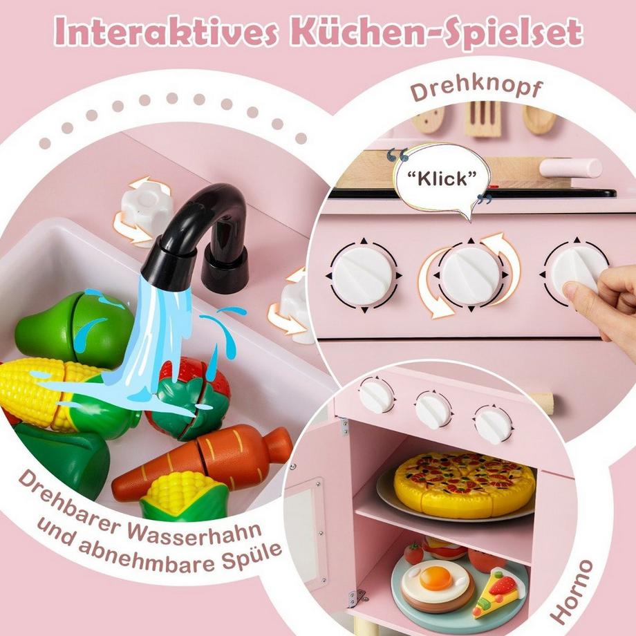 B2X  Cuisine pour enfants en bois avec 10 accessoires, cuisine de jeu avec lumière et son, cuisine jouet rose 