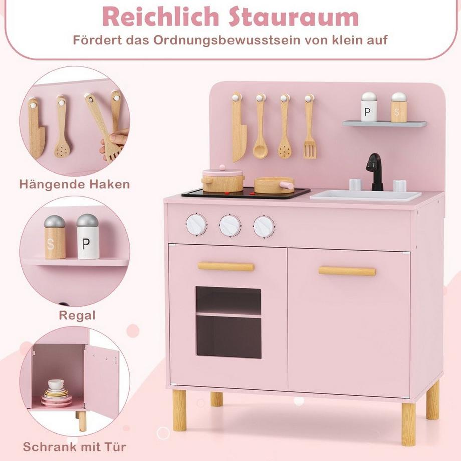 B2X  Cuisine pour enfants en bois avec 10 accessoires, cuisine de jeu avec lumière et son, cuisine jouet rose 
