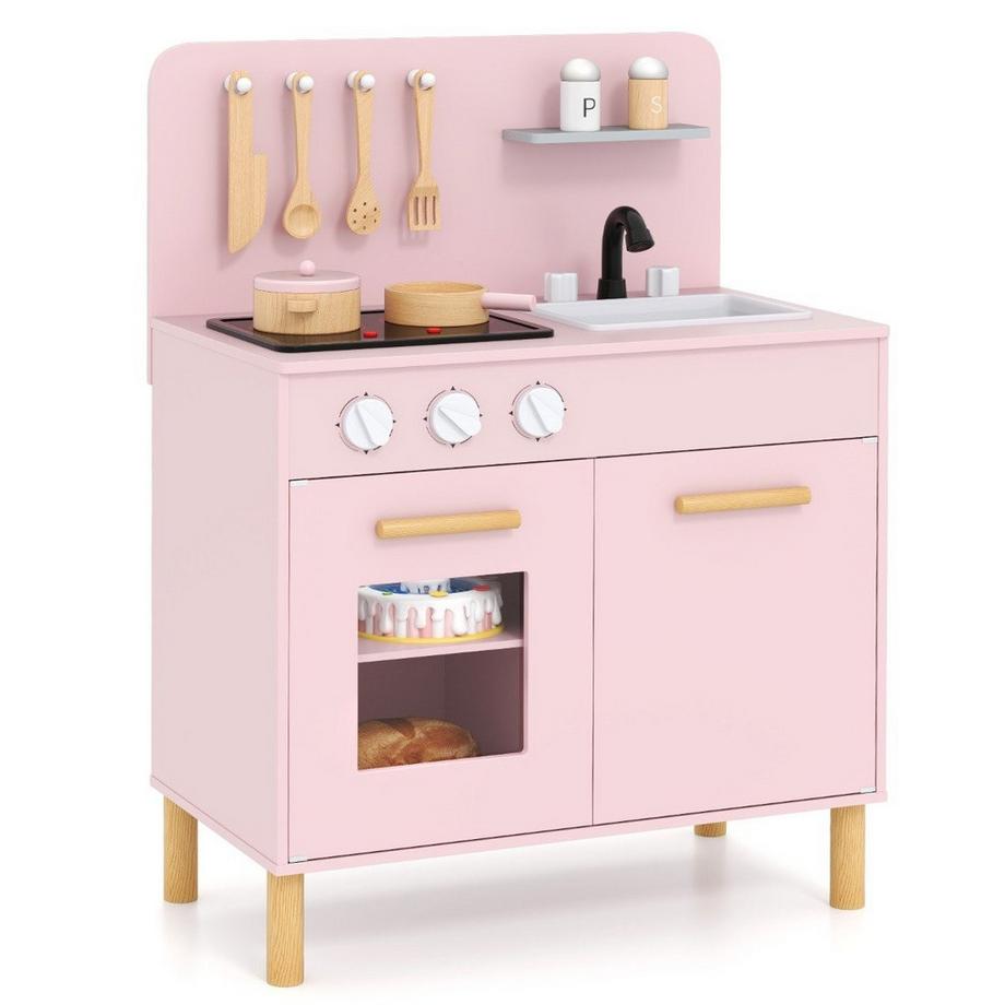 B2X  Cuisine pour enfants en bois avec 10 accessoires, cuisine de jeu avec lumière et son, cuisine jouet rose 