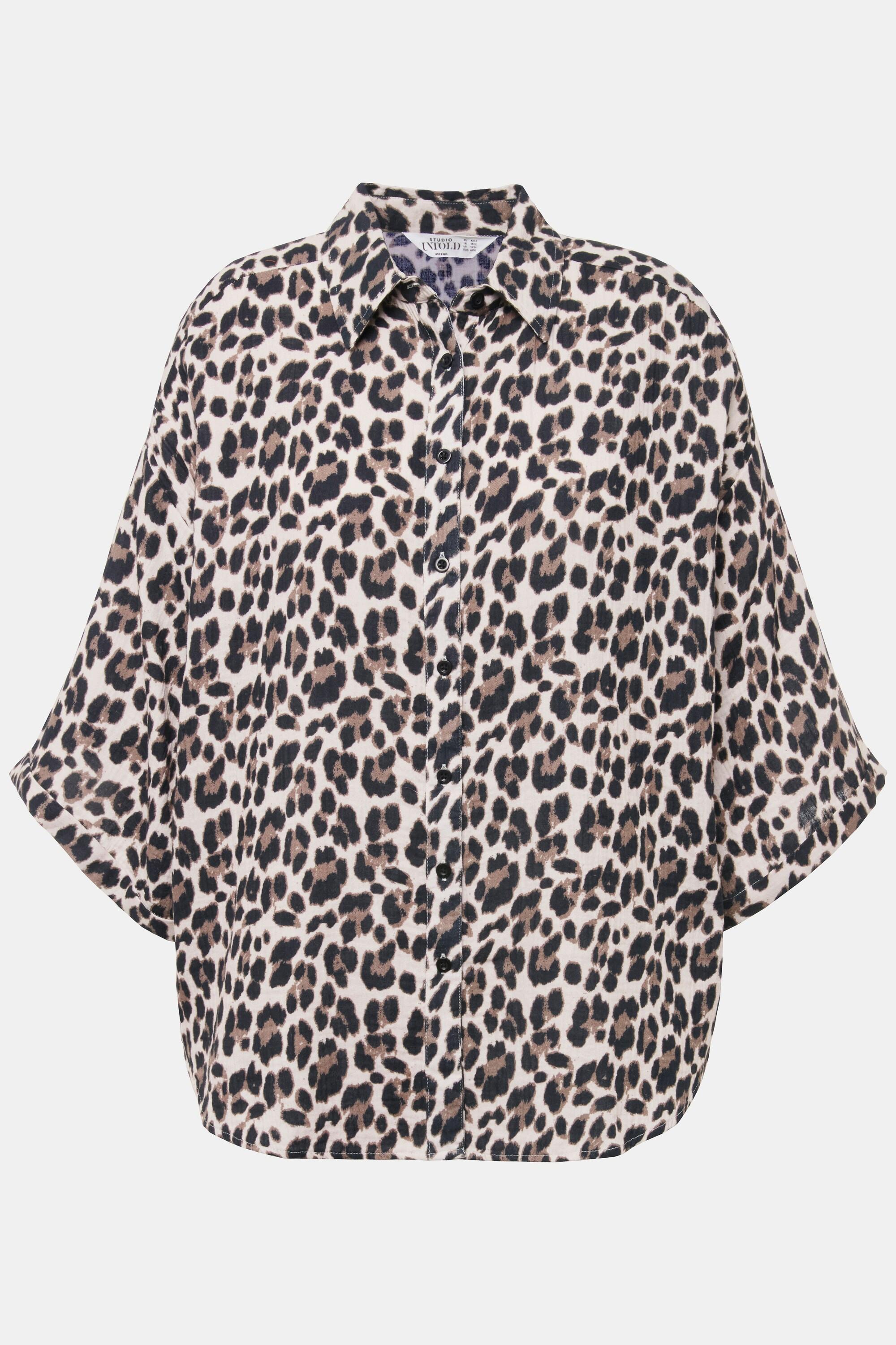 Studio Untold  Blusa dal taglio oversize in mussola con design leopardato, collo da camicia e mezze maniche 