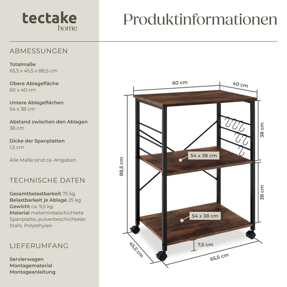 Tectake Servierwagen Rugby Industrial Style Holz und Stahl  