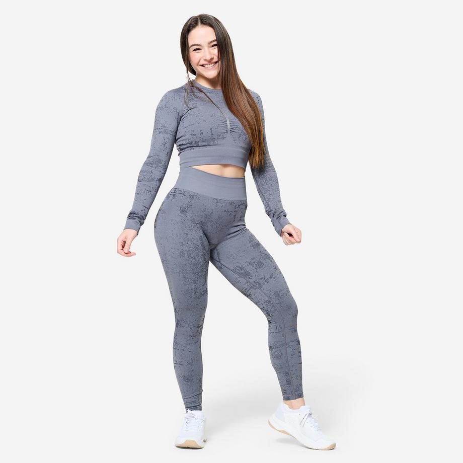 DOMYOS  Tee-shirt crop top manches longues femme, gris 