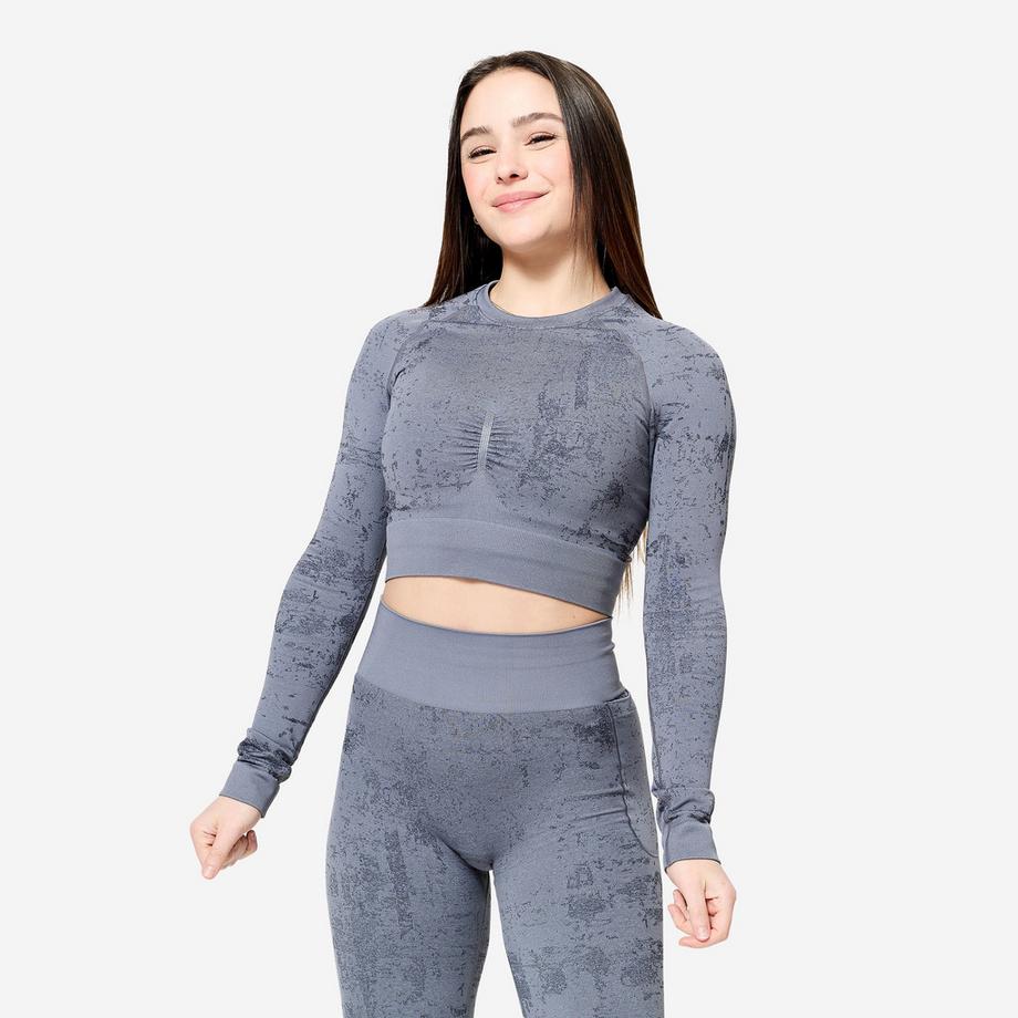 Tee-shirt crop top manches longues femme, gris