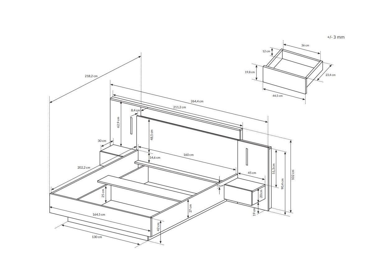 Vente-unique Letto con comodini 2 cassetti Con LED Bianco e Rovere FRANCOLI  