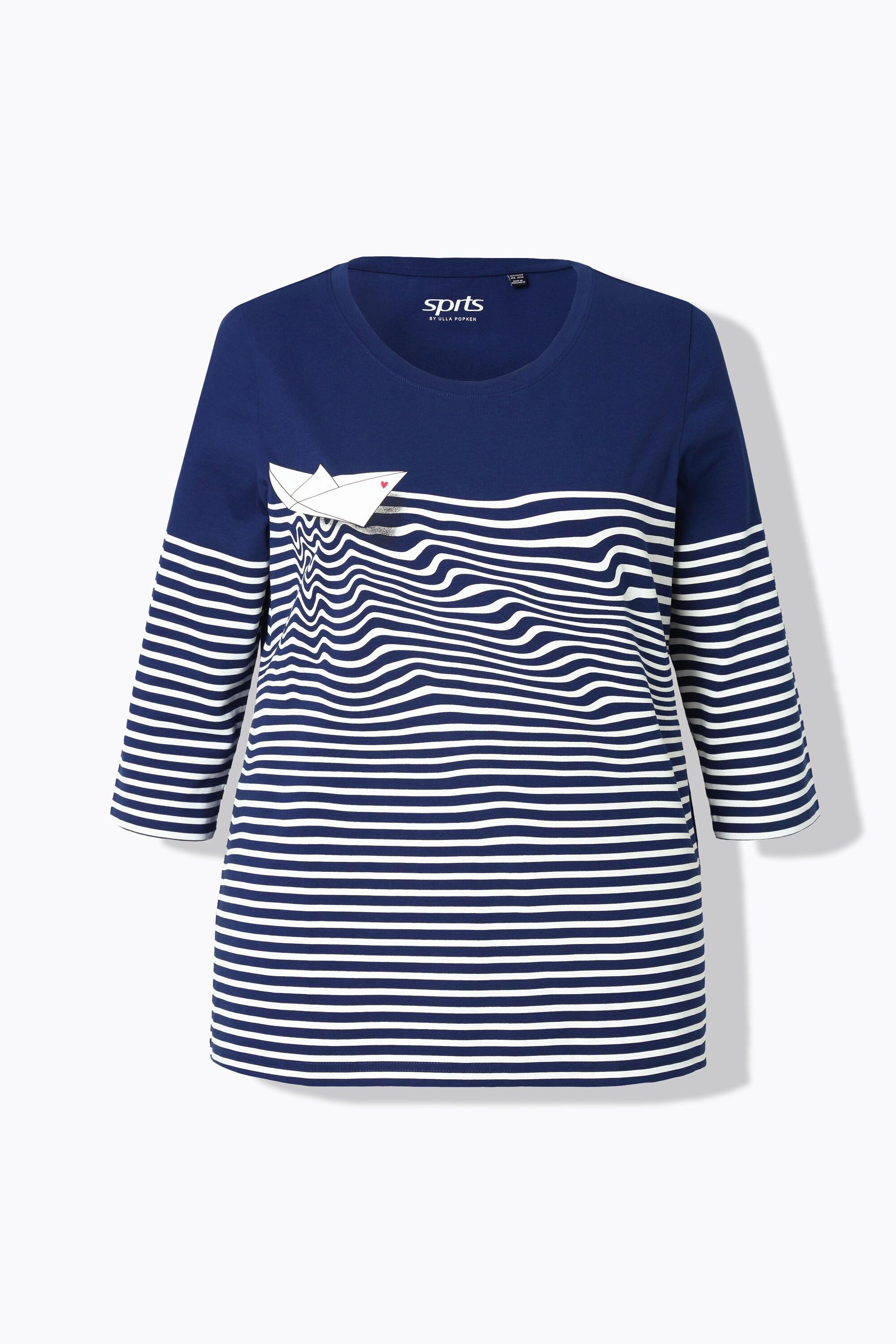 Ulla Popken  T-shirt à rayures, motif bateau en papier, encolure bateau et manches 3/4 