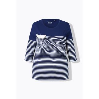 Ulla Popken  T-shirt à rayures, motif bateau en papier, encolure bateau et manches 3/4 