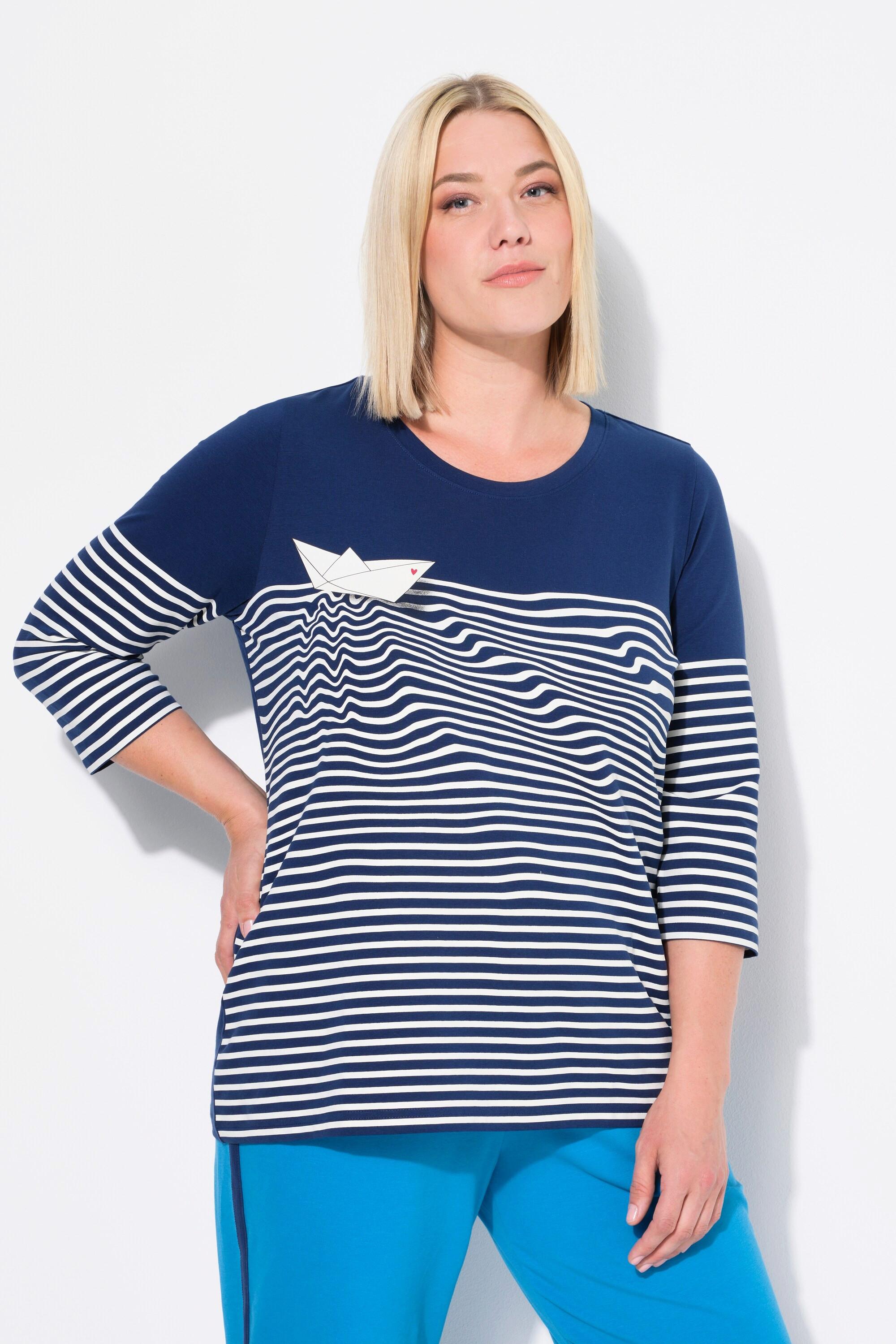 Ulla Popken  T-shirt à rayures, motif bateau en papier, encolure bateau et manches 3/4 