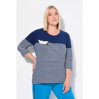 Ulla Popken  T-shirt à rayures, motif bateau en papier, encolure bateau et manches 3/4 