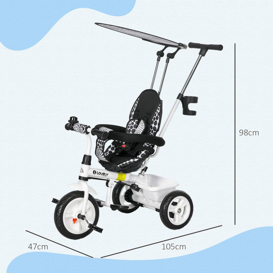 Northio  Triciclo 6 In 1 Asta Di Spinta Triciclo Per Bambini Tettuccio Parasole Rimovibile Cestino Portabicchieri Per Bici Con Bilanciamento Regolabile 1-5 Anni Bianco 
