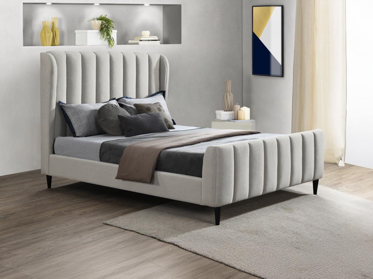 Vente-unique Bett - 140 x 190 cm - Stoff mit vertikalen Ziernähten - Hellgrau - CASAGOTI  