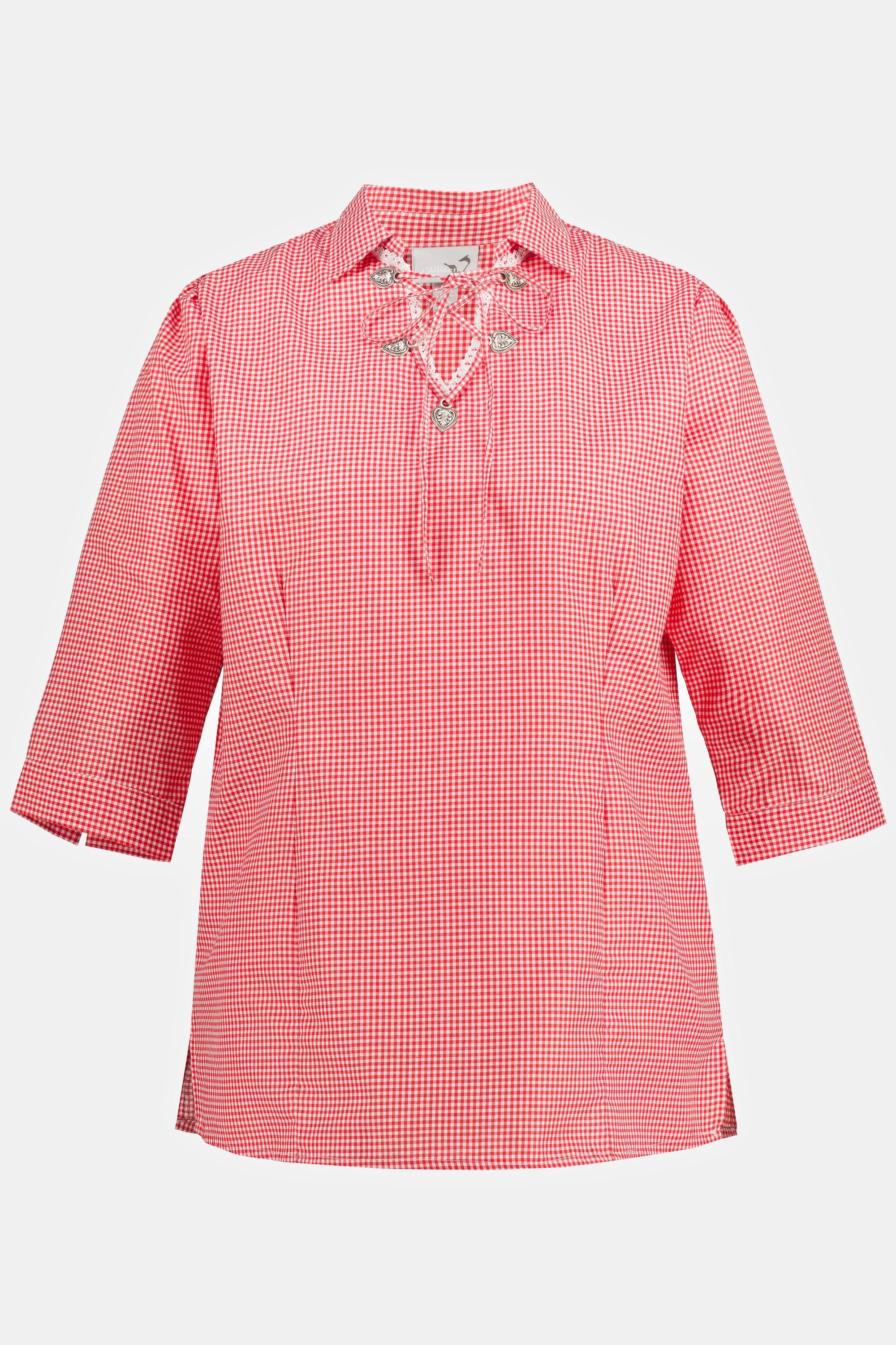 Ulla Popken  Blusa in tradizionale stile Tracht con design a quadri, colletto da camicia, abbottonatura e mezze maniche 