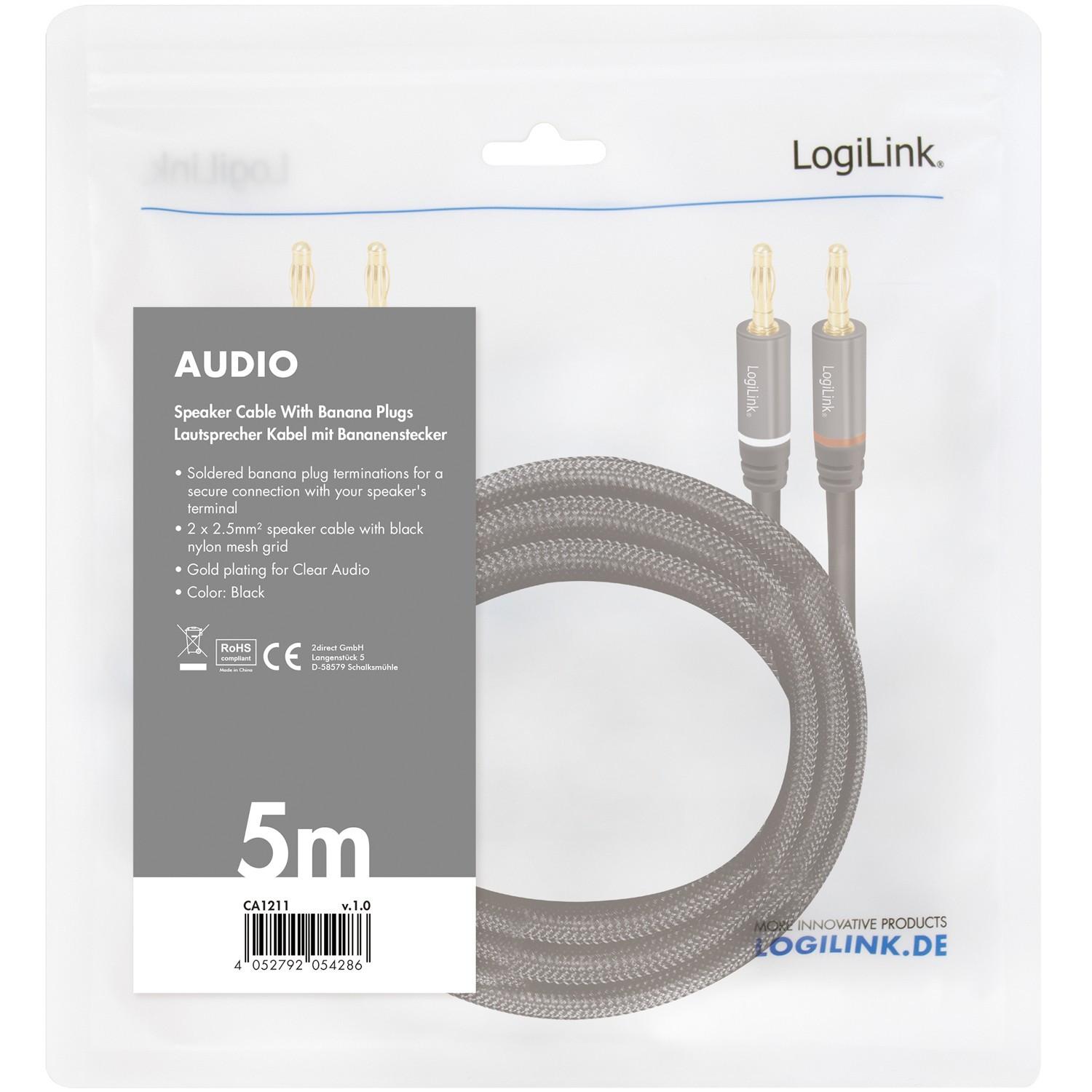 LogiLink  Lautsprecherkabel 2x2,5 mm² mit Bananensteckern Schwarz 5 Meter 