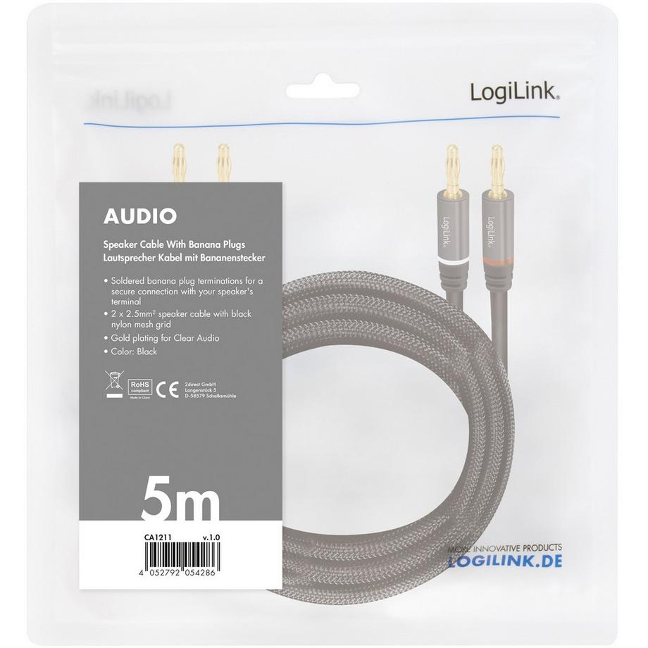LogiLink  Lautsprecherkabel 2x2,5 mm² mit Bananensteckern Schwarz 5 Meter 