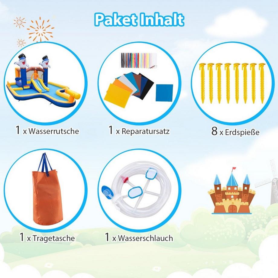 B2X  7-in-1 Wasserrutschenpark aufblasbares Hüpfhaus mit Spritzpool 578 x 408 x 250 cm 