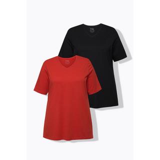 Ulla Popken  T-shirt di cotone biologico in confezione doppia con scollo a V e mezze maniche 