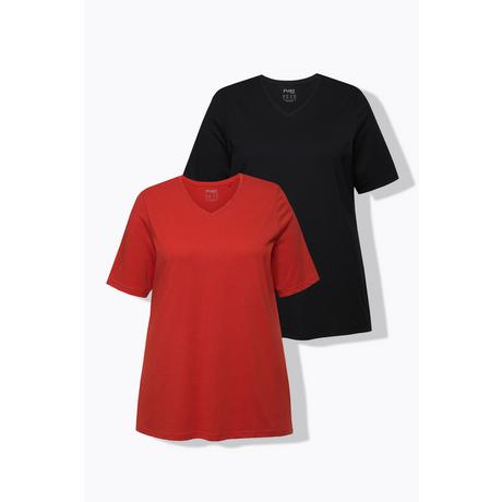 Ulla Popken  T-shirt di cotone biologico in confezione doppia con scollo a V e mezze maniche 