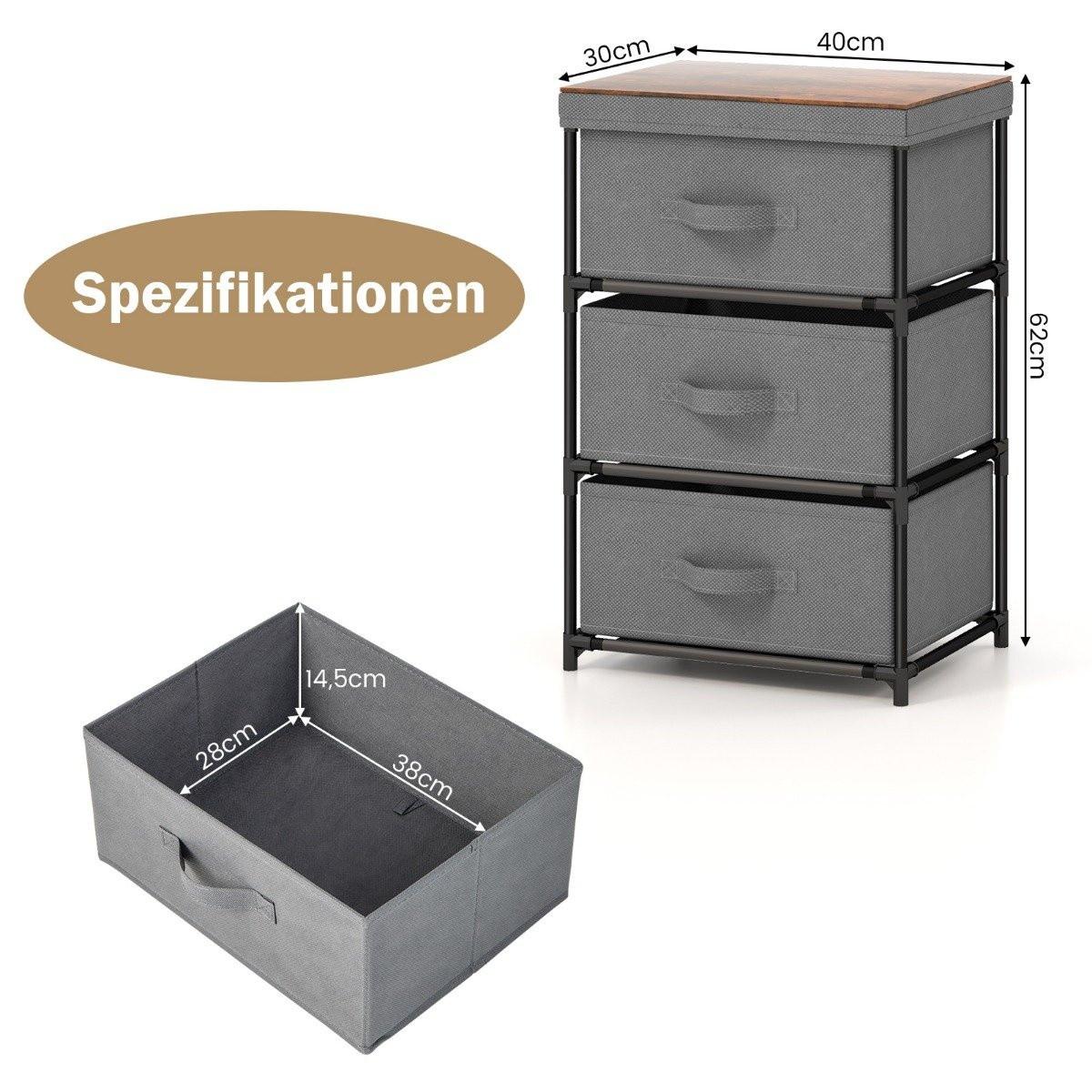 B2X Nachttisch mit Stoffschubladen Beistelltisch mit Metallrahmen Grau 40 x 30 x 62 cm  