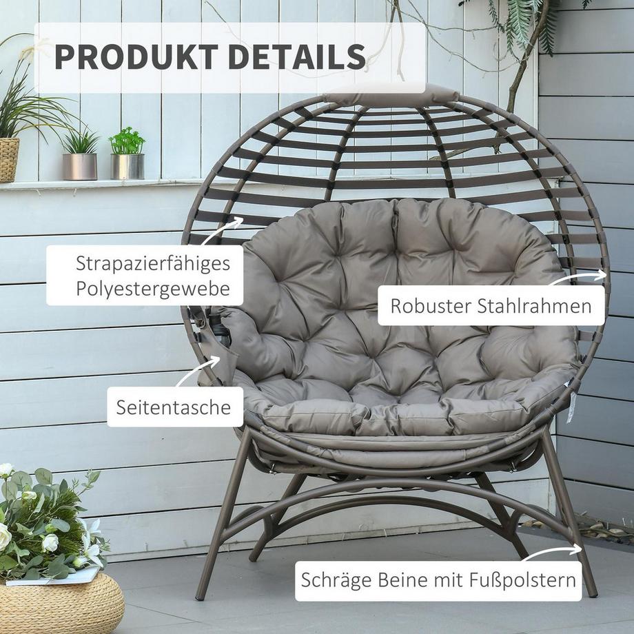 Northio Papasansessel Gartenstuhl 2 Körbe Kissen Oval Loungesessel Faltbar Balkon Terrasse Sandbraun Stahl 118X75X139Cm  