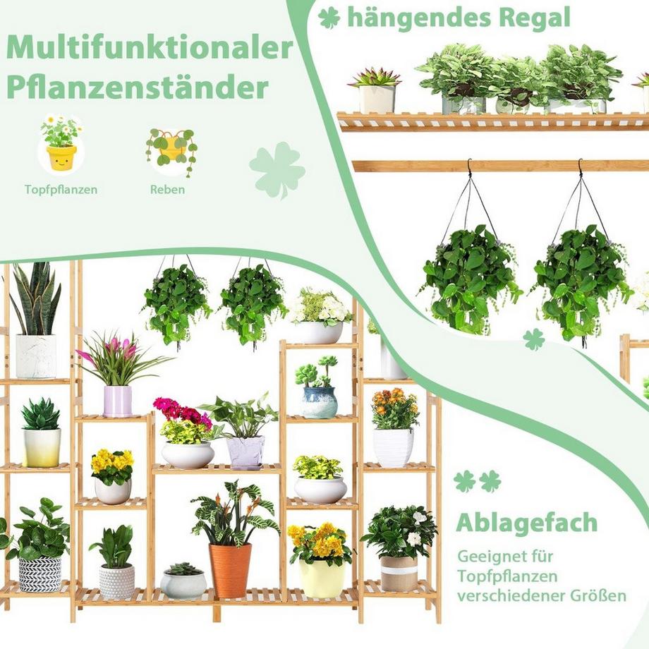 Northio Pflanzenregal aus Bambus mit 9 Ebenen & Hängegestell Standregal Raumteiler Blumenregal 167 x 30 x 166 cm  