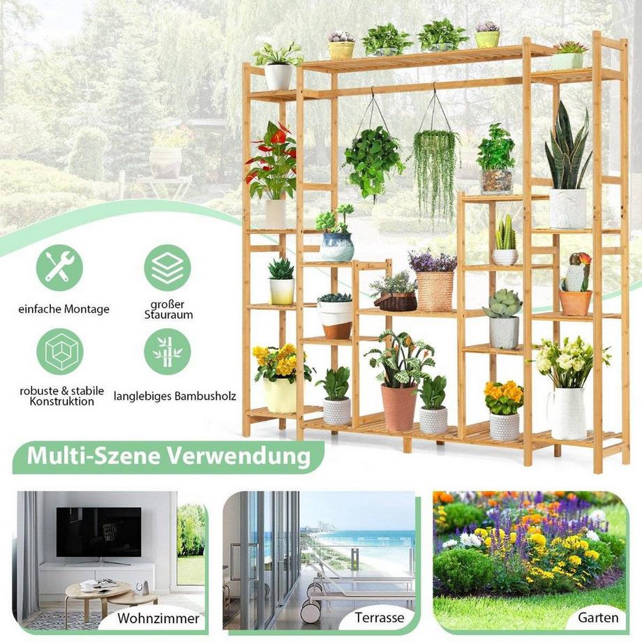 Northio Pflanzenregal aus Bambus mit 9 Ebenen & Hängegestell Standregal Raumteiler Blumenregal 167 x 30 x 166 cm  