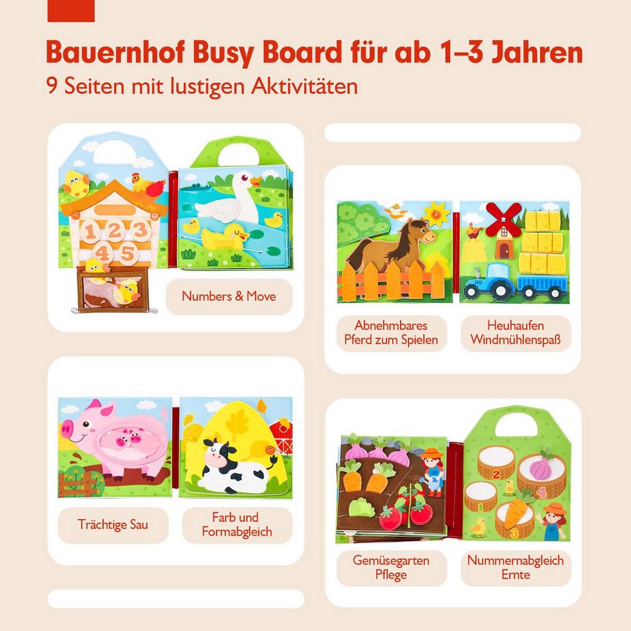 Activity-board  Busy Board 3D Felt Farm Quiet Book Förderung der Feinmotorik 