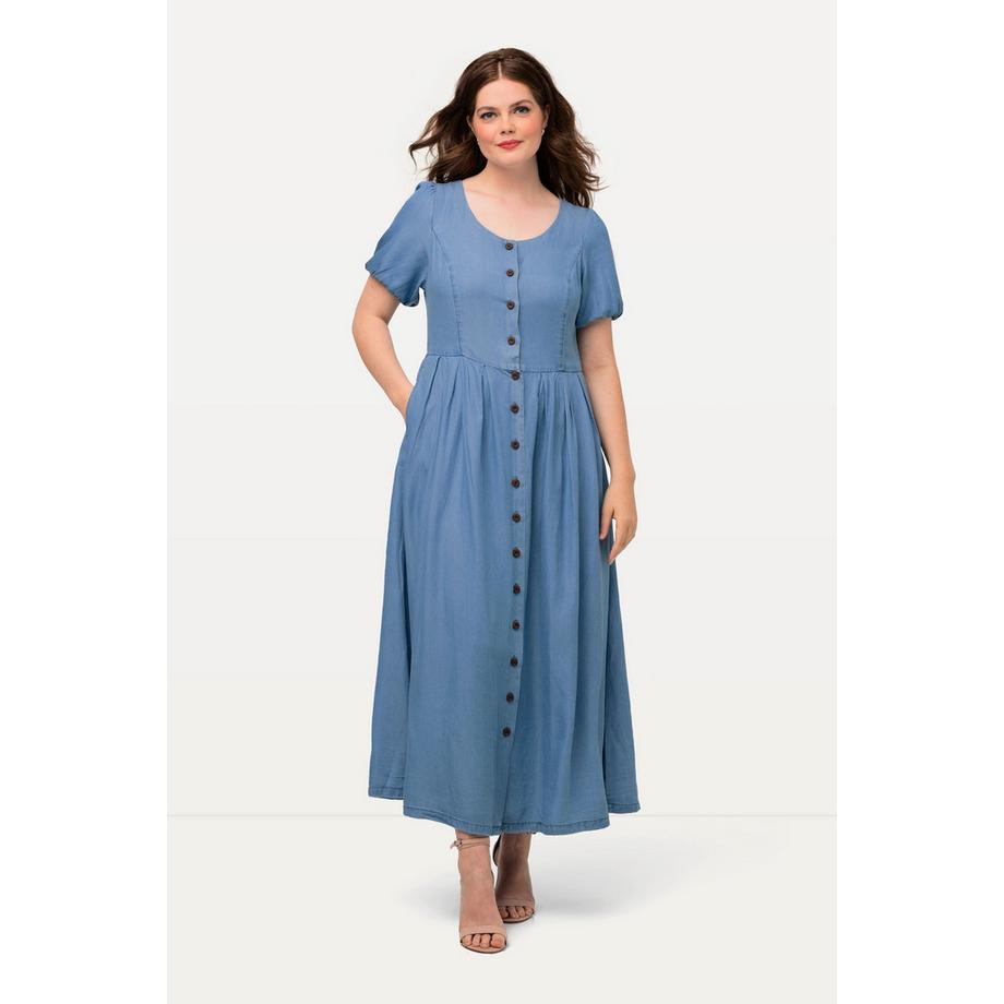 Ulla Popken Robe Dirndl Aspect Jean Décolleté Cœur Manches Courtes  