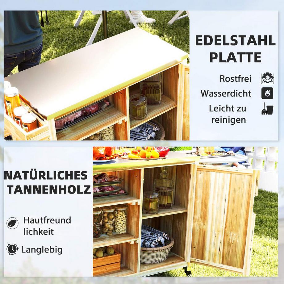 Northio Grillwagen 6-Etagen Servierwagen mit Arbeitsfläche Handtuchregal, BBQ Grilltisch aus Holz, Grill Beistelltisch, Outdoor Trolley, Holzkohlegrill für Garten, Terrasse 134,5x50x91,5cm Naturholz  
