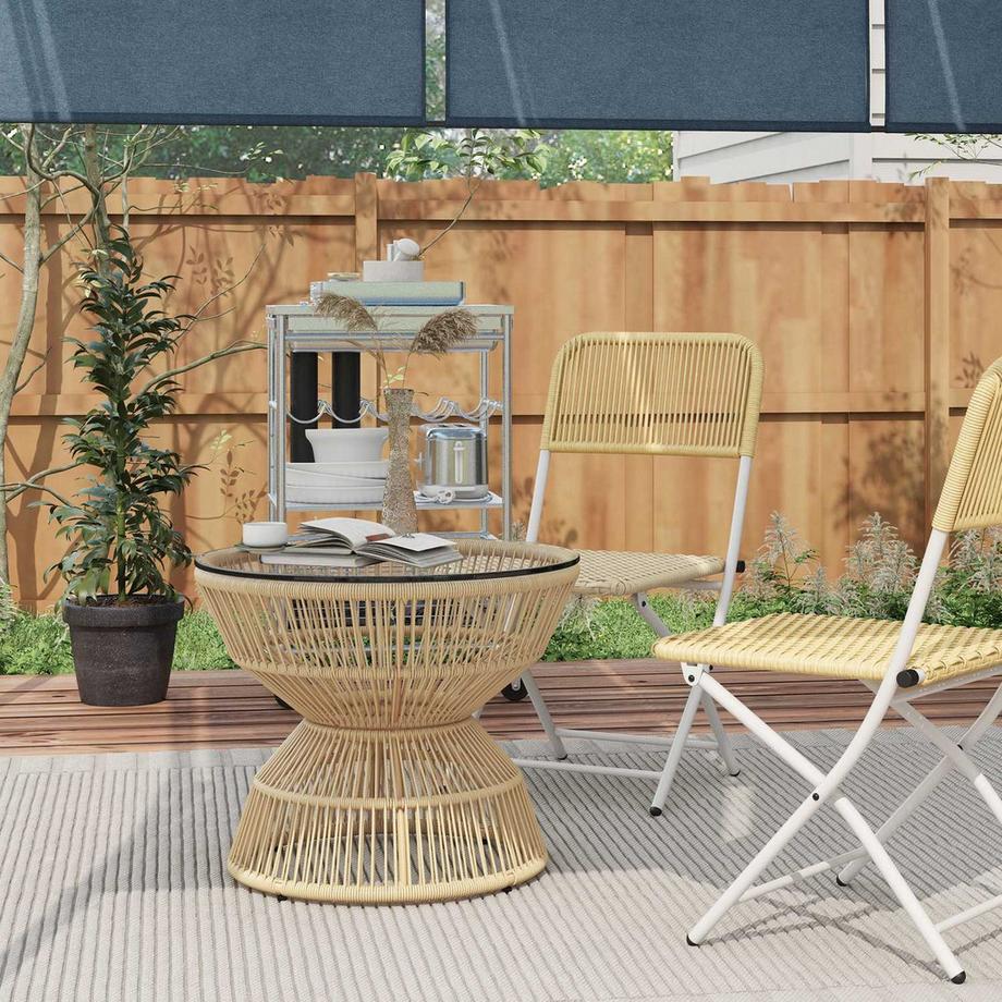 Northio Beistelltisch Rattan, Ø60 Cm Couchtisch Gartentisch Mit Tischplatte Aus Hartglas, Balkontisch Im Boho-Design, Kaffeetisch, Naturholz  