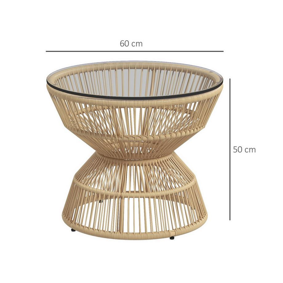 Northio Beistelltisch Rattan, Ø60 Cm Couchtisch Gartentisch Mit Tischplatte Aus Hartglas, Balkontisch Im Boho-Design, Kaffeetisch, Naturholz  