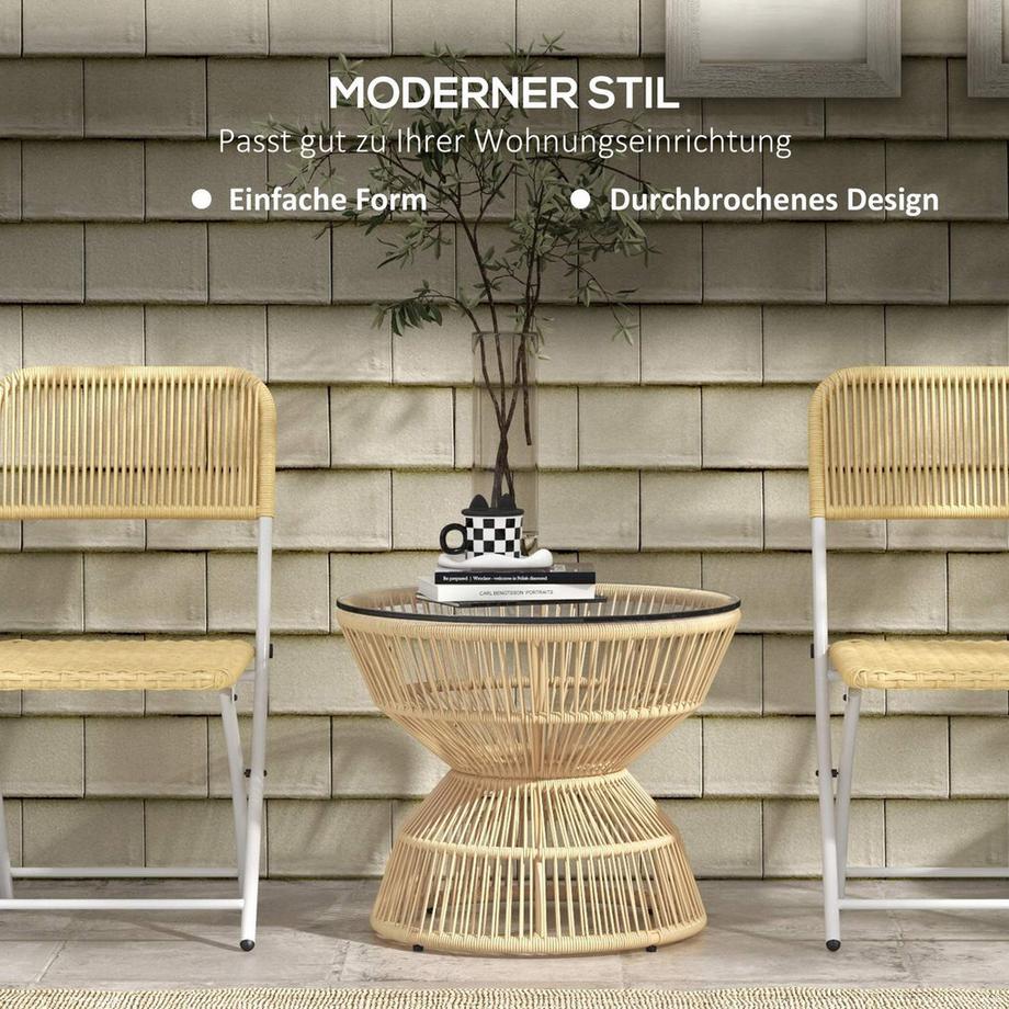 Northio Beistelltisch Rattan, Ø60 Cm Couchtisch Gartentisch Mit Tischplatte Aus Hartglas, Balkontisch Im Boho-Design, Kaffeetisch, Naturholz  