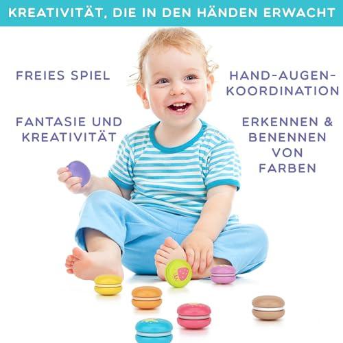 Activity-board  Kinderküche Zubehör aus Holz: 8 Bunte Macarons mit Klettverschluss für Kinder ab 2 3 4 Jahren, 