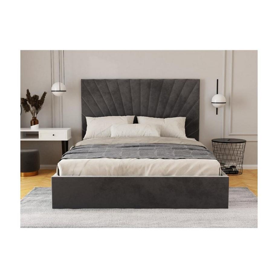 Vente-unique Lit coffre 140 x 190 cm - Velours - Gris anthracite + Matelas - RILIODA de Pascal Morabito  