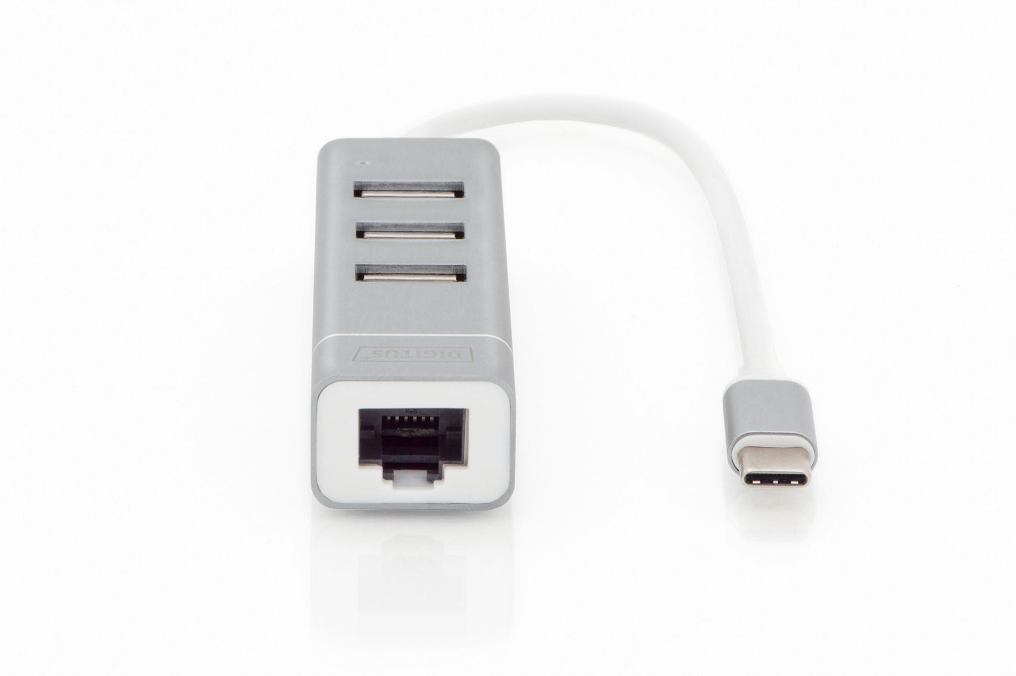 Digitus  Concentrateur USB 2.0 3 ports et adaptateur LAN Fast Ethernet avec connecteur de Type-C™ 