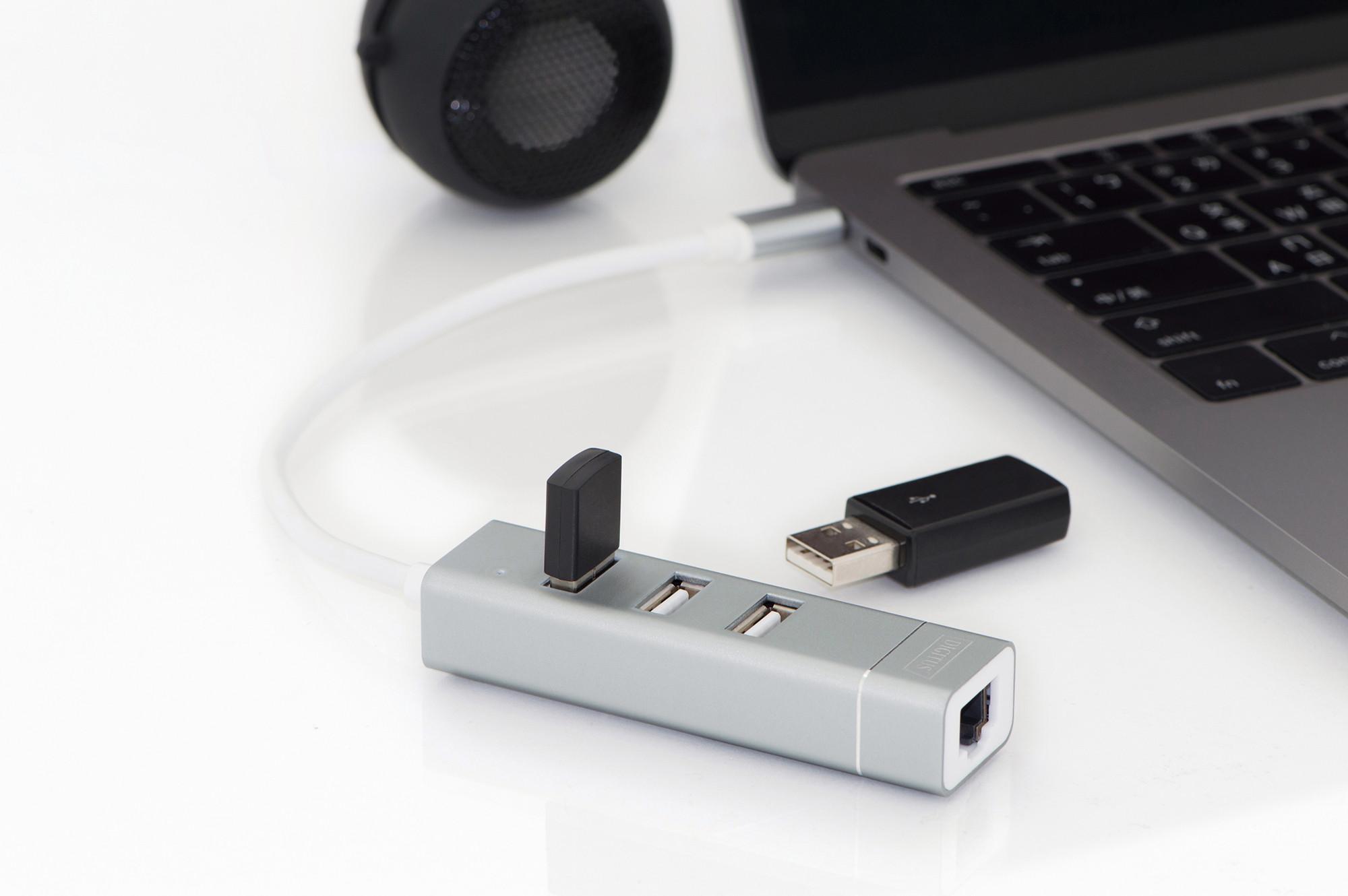 Digitus  Concentrateur USB 2.0 3 ports et adaptateur LAN Fast Ethernet avec connecteur de Type-C™ 