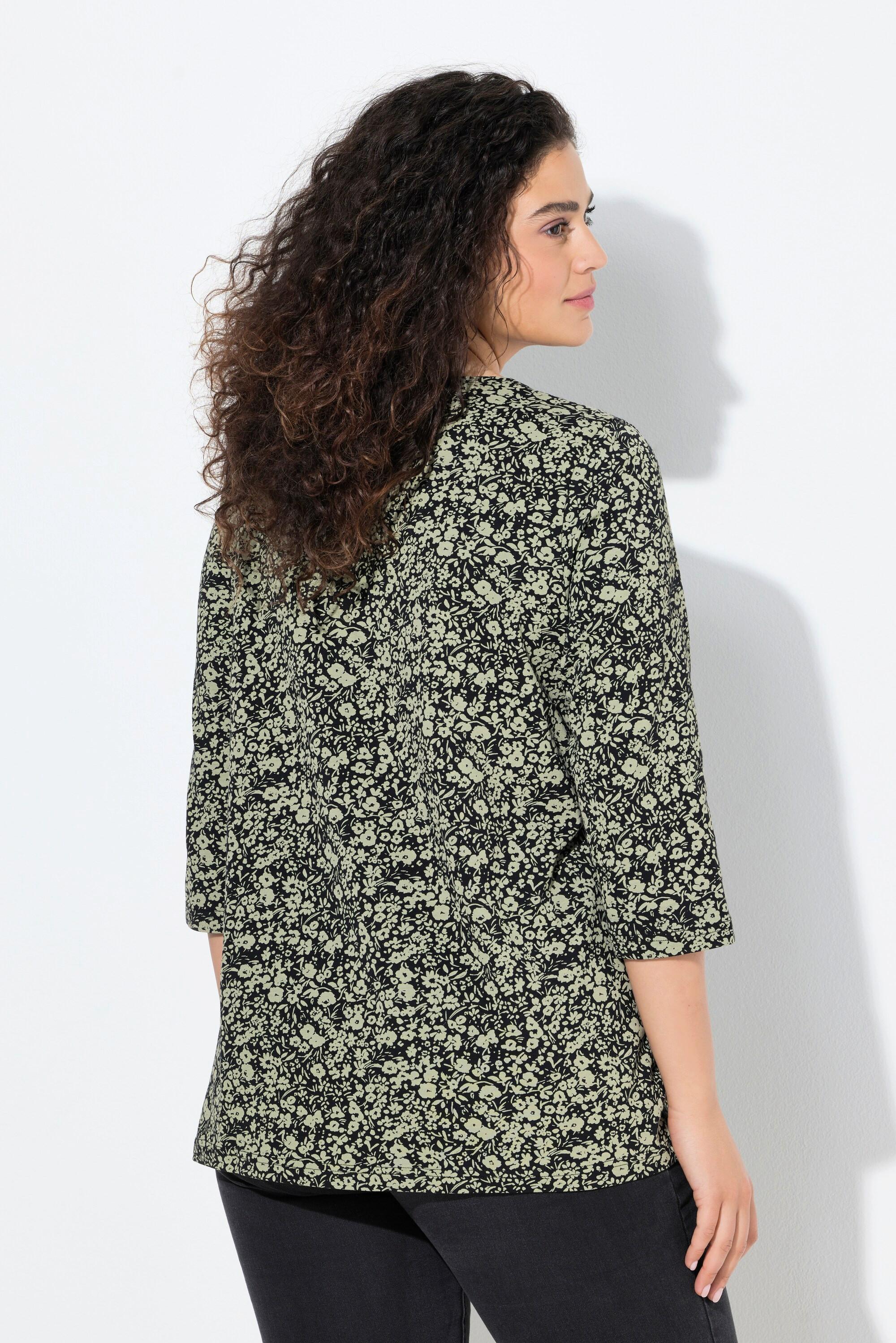 Ulla Popken Maglia fiori pieghe decorative taglio svasato maniche 3/4 scollo a V  