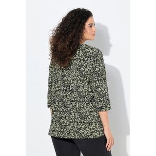 Ulla Popken Maglia fiori pieghe decorative taglio svasato maniche 3/4 scollo a V  