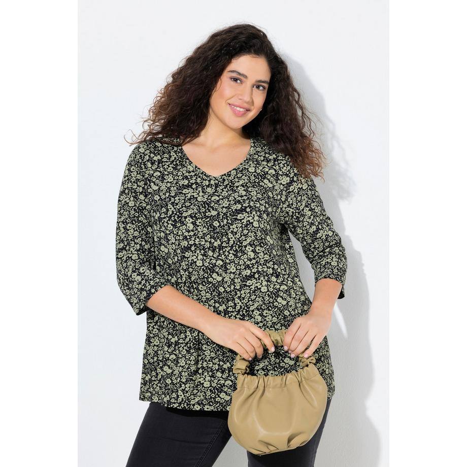 Ulla Popken Blüten Zierfalten A-Linie 3/4 Arm V-Ausschnitt Shirt  