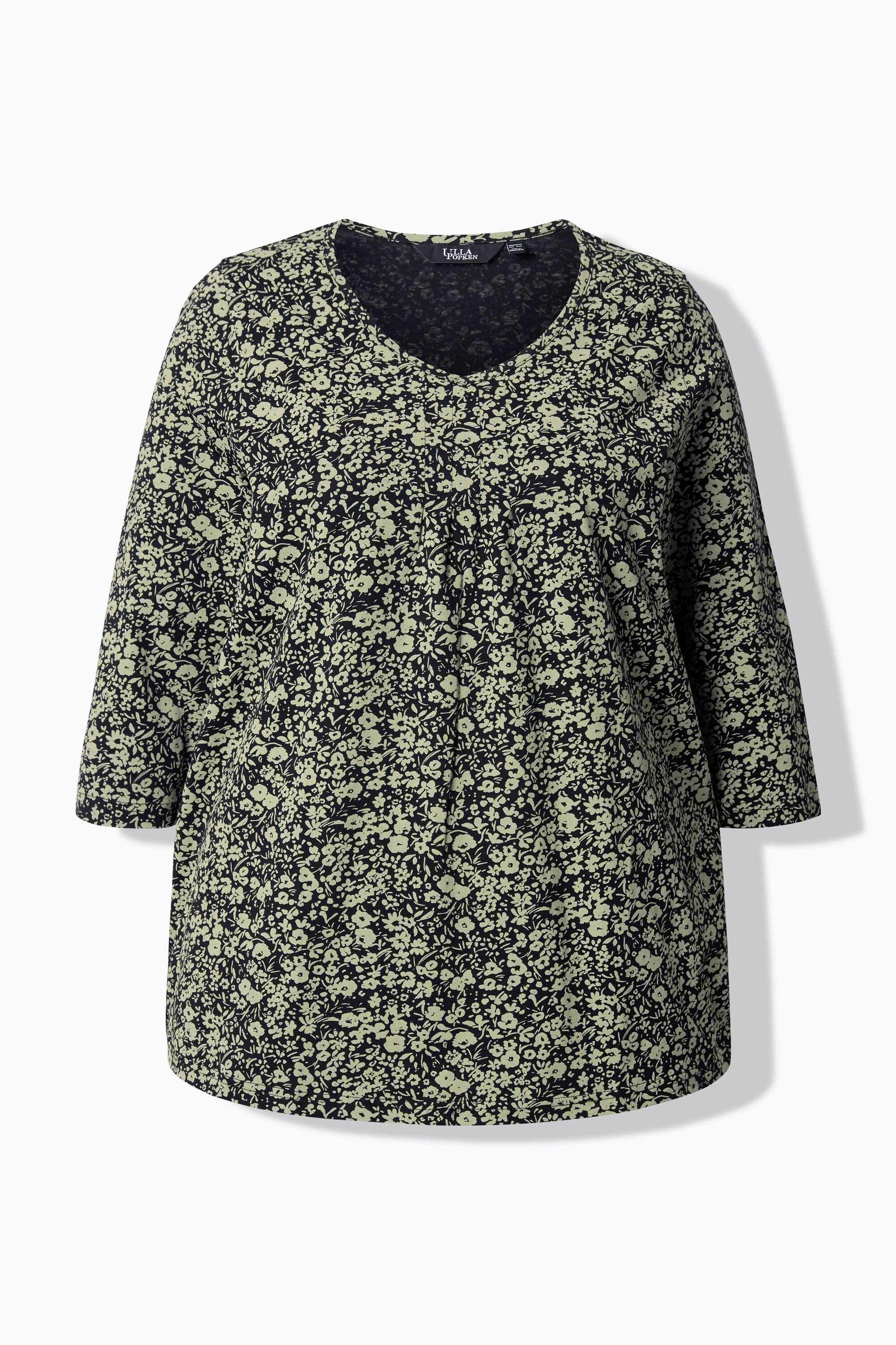 Ulla Popken Maglia fiori pieghe decorative taglio svasato maniche 3/4 scollo a V  