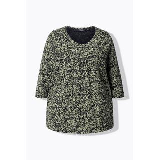 Ulla Popken Maglia fiori pieghe decorative taglio svasato maniche 3/4 scollo a V  