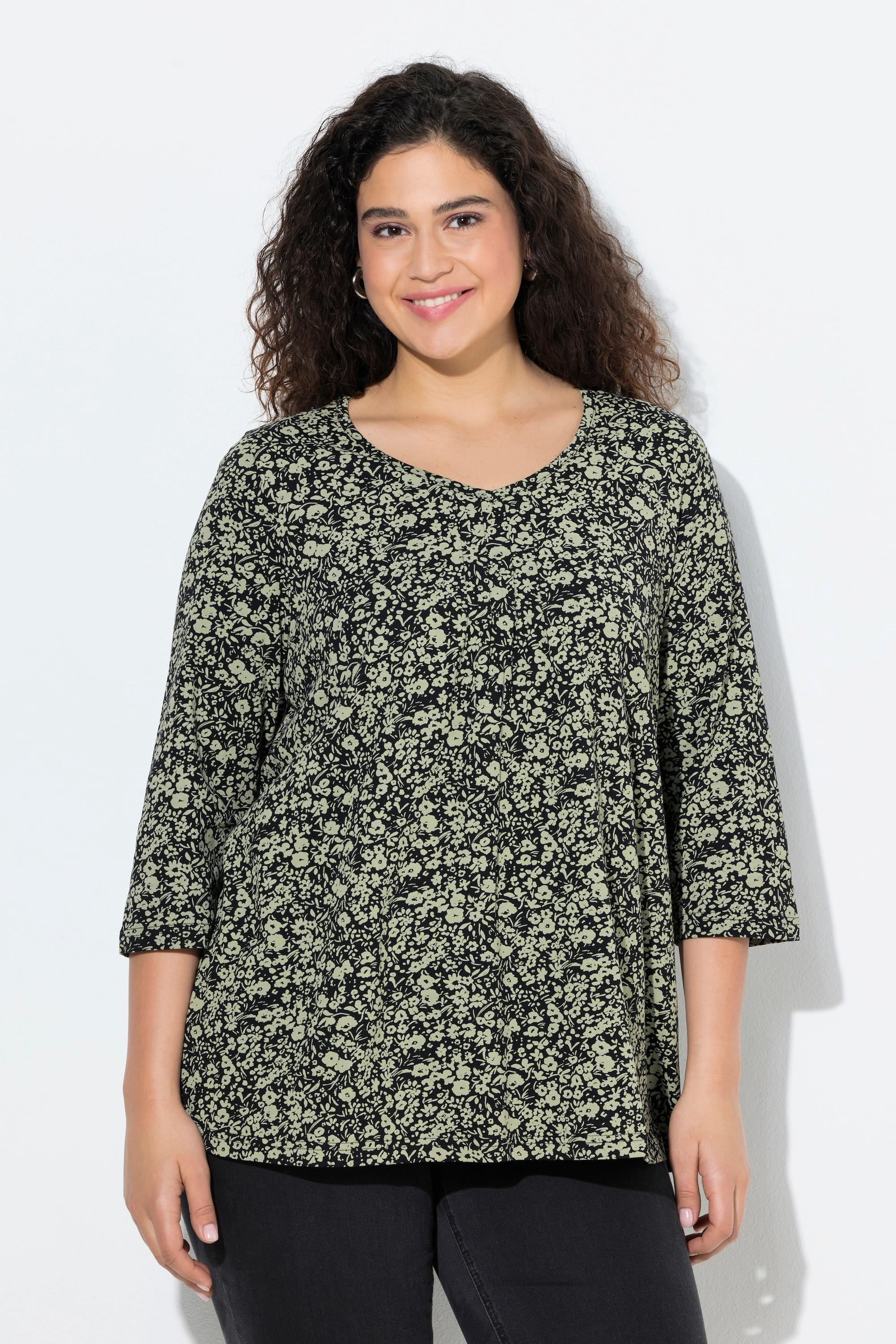 Ulla Popken Maglia fiori pieghe decorative taglio svasato maniche 3/4 scollo a V  