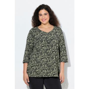 Maglia dal taglio svasato con fiori, pieghe decorative, scollo a V e maniche a 3/4