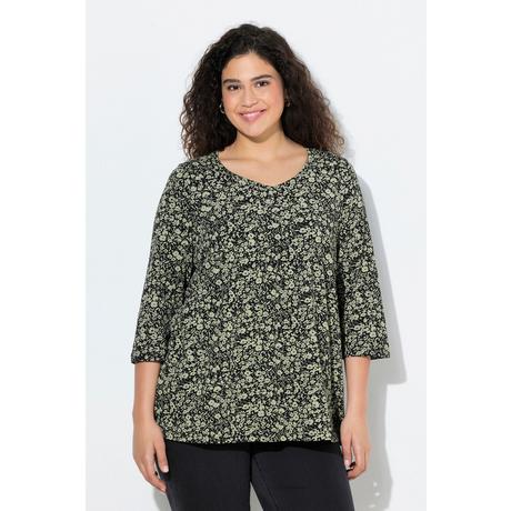 Ulla Popken Maglia fiori pieghe decorative taglio svasato maniche 3/4 scollo a V  