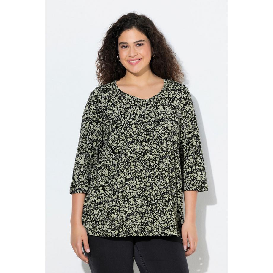 Ulla Popken Blüten Zierfalten A-Linie 3/4 Arm V-Ausschnitt Shirt  