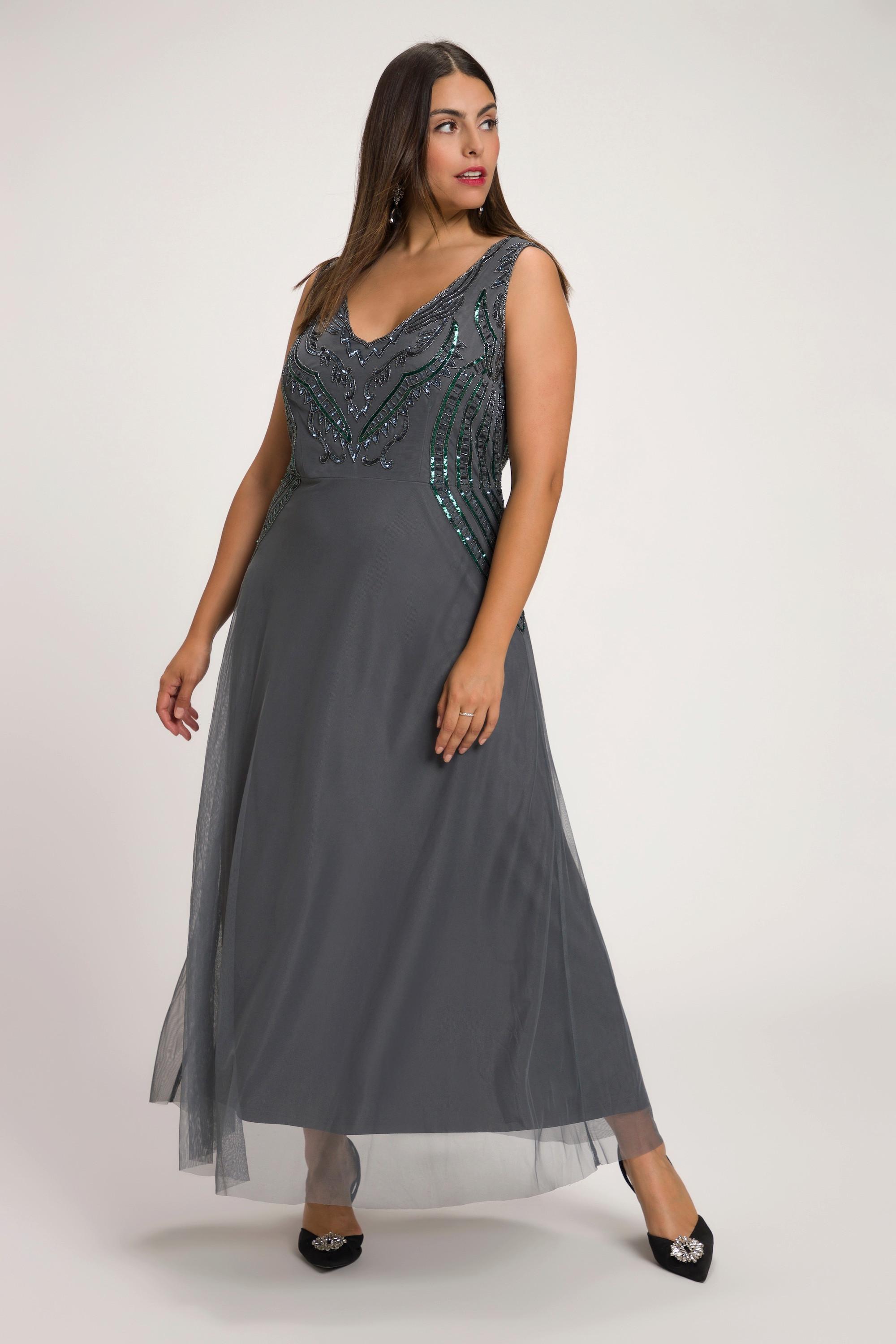 Ulla Popken  Robe maxi, doublée, perles, décolleté en V, sans manches 