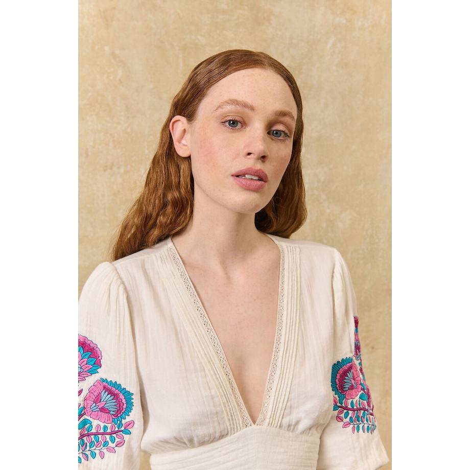 Langes Kleid AURELIA mit bestickten kurzen Ärmeln