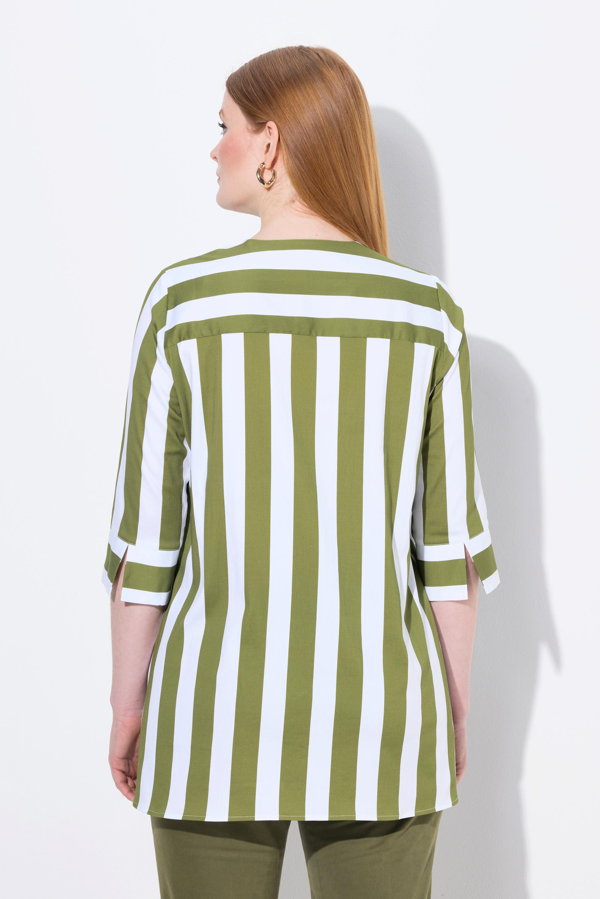 Ulla Popken Righe Verticali Taglio Svasato Scollo a V Maniche 3/4 Blusa  